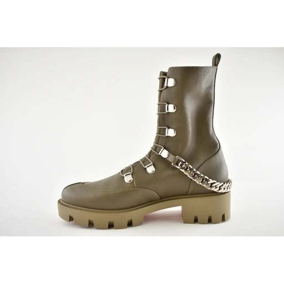 Christian Louboutin Horse Flat Silex Grey Leather Combat Lace Up Chain Boot 37 - Picture 9 of 12